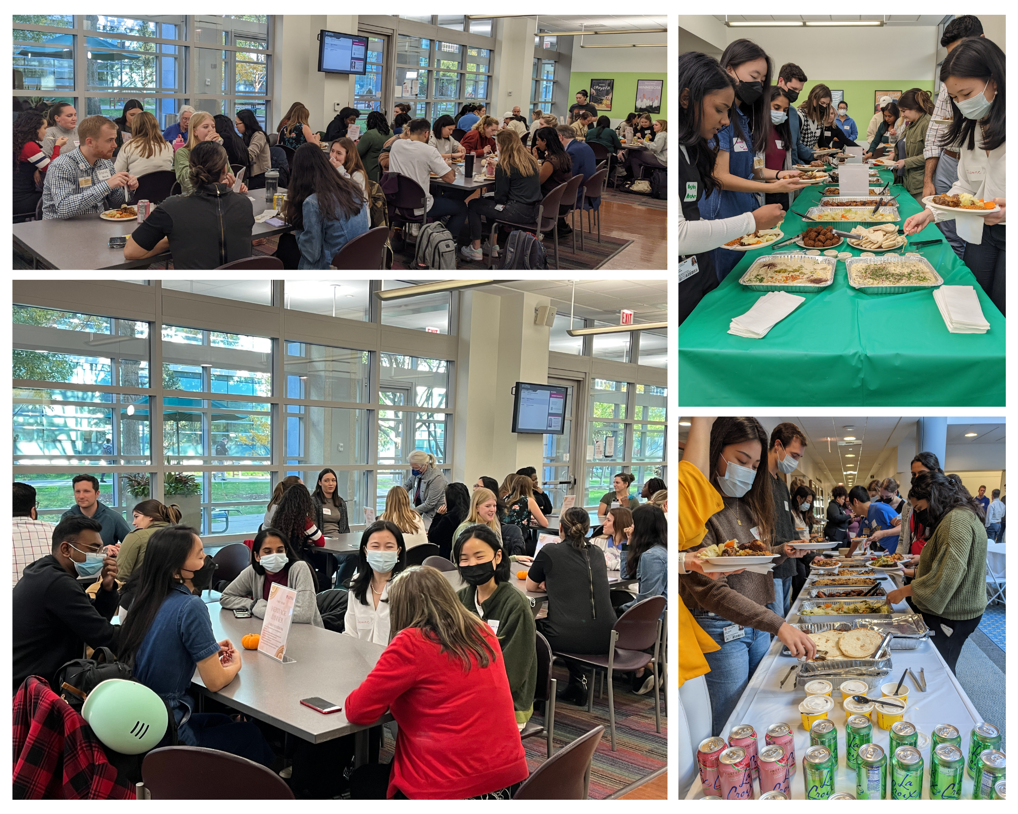 Collage of four pictures of students and staff eating and conversing at the First Year Dinners 2022